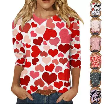 Женская мода, повседневная свободная футболка с принтом на День святого Валентина и круглым вырезом, рукав 3/4, женский топ S розовый