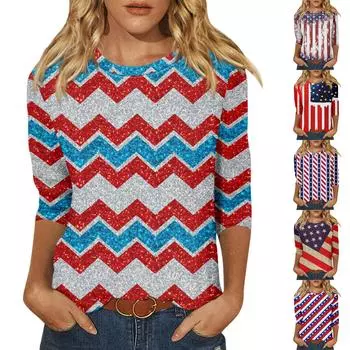 Женская мода, повседневная свободная футболка с принтом на День независимости и круглым вырезом, рукав 3/4, женский топ L синий