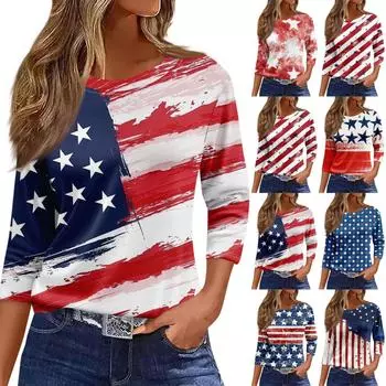 Женская мода, повседневная свободная футболка с принтом на День независимости и круглым вырезом, рукав 3/4, женский топ L винный