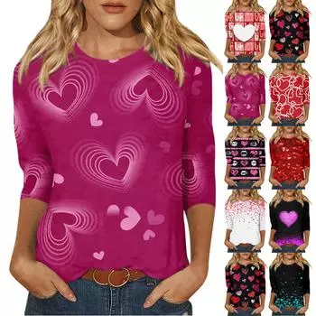 Женская мода, повседневная свободная футболка с принтом на День святого Валентина и круглым вырезом, рукав 3/4, женский топ M циан
