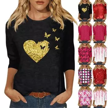 Женская мода, повседневная свободная футболка с принтом на День святого Валентина и круглым вырезом, рукав 3/4, женский топ S