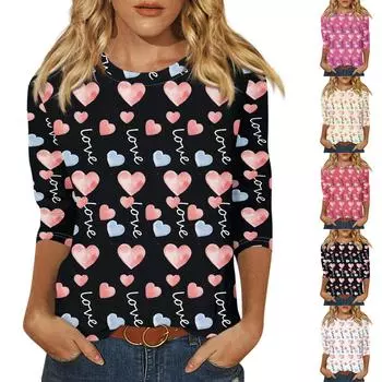 Женская мода, повседневная свободная футболка с принтом на День святого Валентина и круглым вырезом, рукав 3/4, женский топ XXXL хаки
