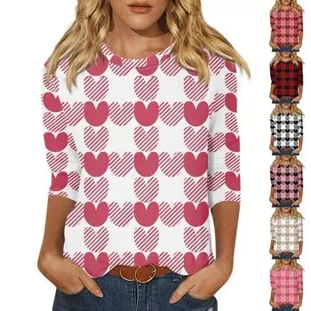 Женская мода, повседневная свободная футболка с принтом на День святого Валентина и круглым вырезом, рукав 3/4, женский топ XXL чёрный