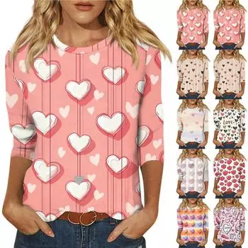 Женская мода, повседневная свободная футболка с принтом на День святого Валентина и круглым вырезом, рукав 3/4, женский топ M