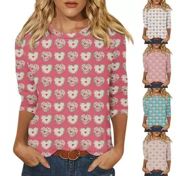 Женская мода, повседневная свободная футболка с принтом на День святого Валентина и круглым вырезом, рукав 3/4, женский топ S белый