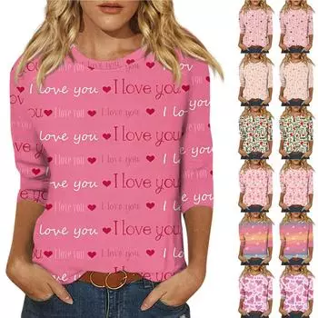 Женская мода, повседневная свободная футболка с принтом на День святого Валентина и круглым вырезом, рукав 3/4, женский топ M