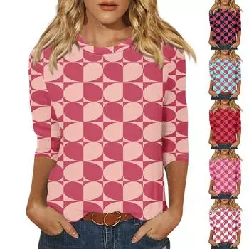 Женская мода, повседневная свободная футболка с принтом на День святого Валентина и круглым вырезом, рукав 3/4, женский топ L циан