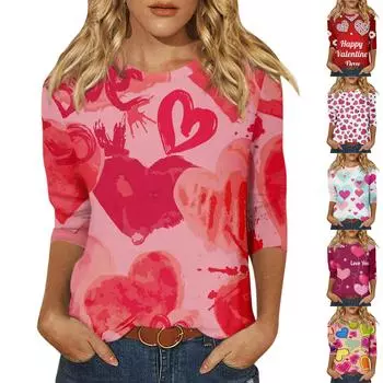 Женская мода, повседневная свободная футболка с принтом на День святого Валентина и круглым вырезом, рукав 3/4, женский топ L зелёный