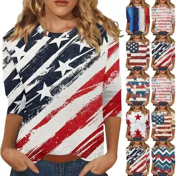 Женская мода, повседневная свободная футболка с принтом на День независимости и круглым вырезом, рукав 3/4, женский топ XXXL винный