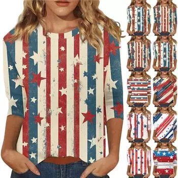 Женская мода, повседневная свободная футболка с принтом на День независимости и круглым вырезом, рукав 3/4, женский топ XXXL белый