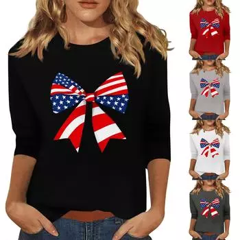 Женская мода, повседневная свободная футболка с принтом на День независимости и круглым вырезом, рукав 3/4, женский топ S чёрный