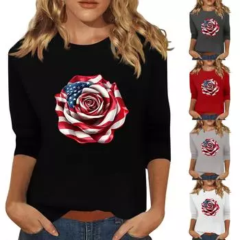 Женская мода, повседневная свободная футболка с принтом на День независимости и круглым вырезом, рукав 3/4, женский топ S красный