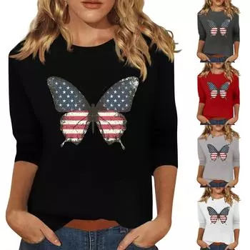 Женская мода, повседневная свободная футболка с принтом на День независимости и круглым вырезом, рукав 3/4, женский топ L чёрный