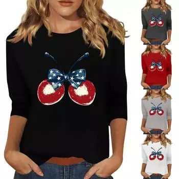 Женская мода, повседневная свободная футболка с принтом на День независимости и круглым вырезом, рукав 3/4, женский топ XXL чёрный