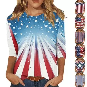 Женская мода, повседневная свободная футболка с принтом на День независимости и круглым вырезом, рукав 3/4, женский топ XXXL циан