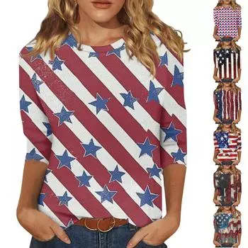 Женская мода, повседневная свободная футболка с принтом на День независимости и круглым вырезом, рукав 3/4, женский топ XL
