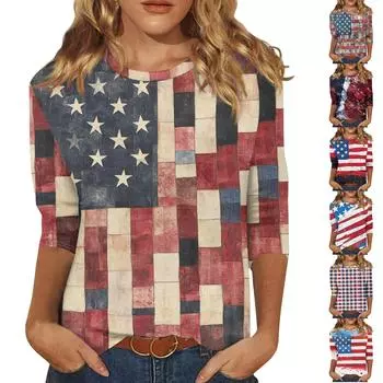 Женская мода, повседневная свободная футболка с принтом на День независимости и круглым вырезом, рукав 3/4, женский топ S