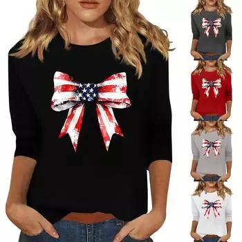 Женская мода, повседневная свободная футболка с принтом на День независимости и круглым вырезом, рукав 3/4, женский топ M чёрный