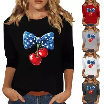 Женская мода, повседневная свободная футболка с принтом на День независимости и круглым вырезом, рукав 3/4, женский топ XL чёрный