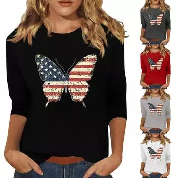Женская мода, повседневная свободная футболка с принтом на День независимости и круглым вырезом, рукав 3/4, женский топ XL чёрный