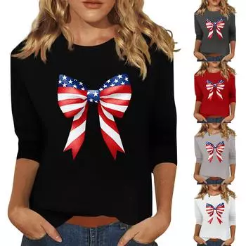 Женская мода, повседневная свободная футболка с принтом на День независимости и круглым вырезом, рукав 3/4, женский топ XXL чёрный