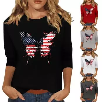 Женская мода, повседневная свободная футболка с принтом на День независимости и круглым вырезом, рукав 3/4, женский топ XXXL красный