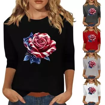 Женская мода, повседневная свободная футболка с принтом на День независимости и круглым вырезом, рукав 3/4, женский топ XXL