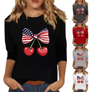 Женская мода, повседневная свободная футболка с принтом на День независимости и круглым вырезом, рукав 3/4, женский топ S