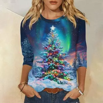 Женская мода, повседневная свободная футболка с рождественским принтом и круглым вырезом, рукав 3/4, женский топ L синий