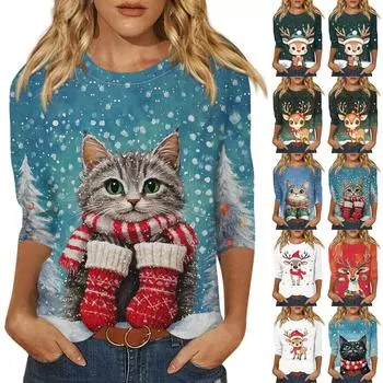 Женская мода, повседневная свободная футболка с рождественским принтом и круглым вырезом, рукав 3/4, женский топ S