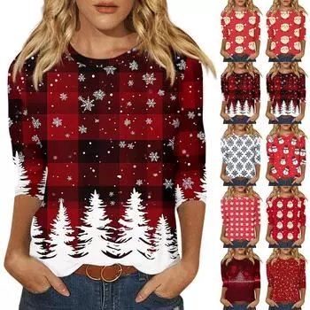Женская мода, повседневная свободная футболка с рождественским принтом и круглым вырезом, рукав 3/4, женский топ XXL