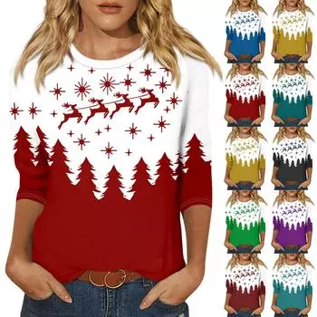 Женская мода, повседневная свободная футболка с рождественским принтом и круглым вырезом, рукав 3/4, женский топ S чёрный