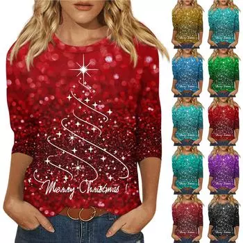 Женская мода, повседневная свободная футболка с рождественским принтом и круглым вырезом, рукав 3/4, женский топ S синий