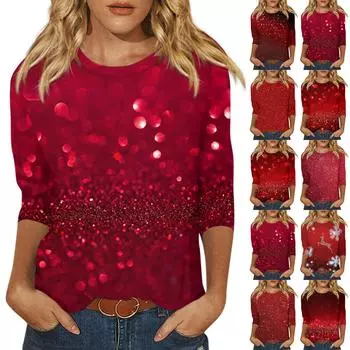 Женская мода, повседневная свободная футболка с рождественским принтом и круглым вырезом, рукав 3/4, женский топ XXL винный