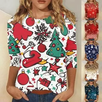 Женская мода, повседневная свободная футболка с рождественским принтом и круглым вырезом, рукав 3/4, женский топ L винный