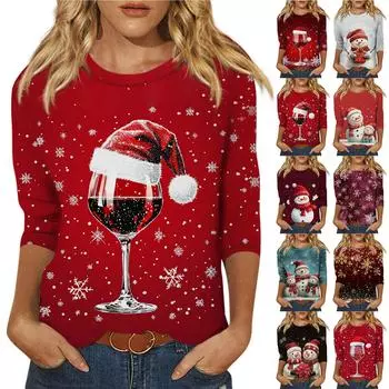 Женская мода, повседневная свободная футболка с рождественским принтом и круглым вырезом, рукав 3/4, женский топ XXL красный