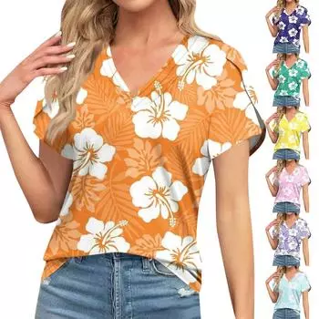 Женская мода, повседневная свободная футболка с v-образным вырезом и коротким рукавом с цветочным принтом, майка L циан