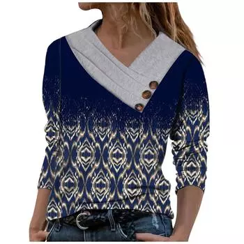 Женская мода повседневная свободная футболка с воротником-шарфом и длинным рукавом на пуговицах L синий