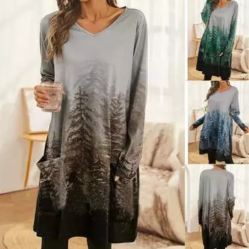 Женская мода, повседневная свободная футболка средней длины с v-образным вырезом и длинными рукавами, с принтом пейзажей и карманами XL синий