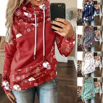 Женская мода, повседневная свободная толстовка с капюшоном и шнурком с веселым принтом, длинными рукавами и карманами-кенгуру L