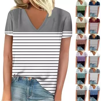 Женская мода Повседневная свободная удобная футболка с коротким рукавом с v-образным вырезом и принтом L чёрный