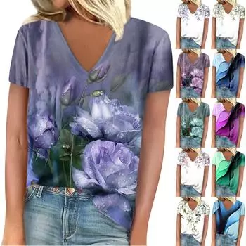 Женская мода Повседневная свободная удобная футболка с коротким рукавом с v-образным вырезом и принтом L