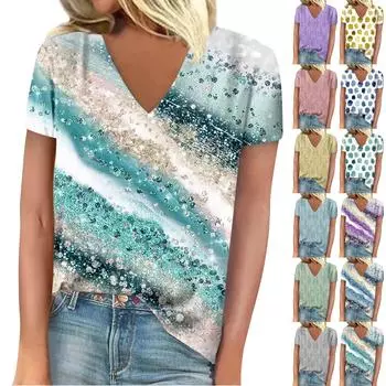 Женская мода Повседневная свободная удобная футболка с коротким рукавом с v-образным вырезом и принтом L