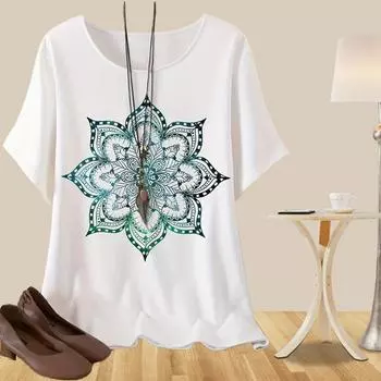 Женская мода повседневная свободная весенняя рубашка женские топы с коротким рукавом с принтом мандалы и цветка на Рождество XS белый