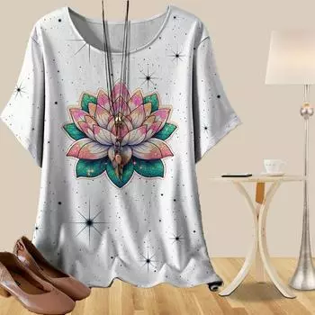 Женская мода повседневная свободная весенняя рубашка женские топы с коротким рукавом с цветным винтажным узором лотоса XS синий