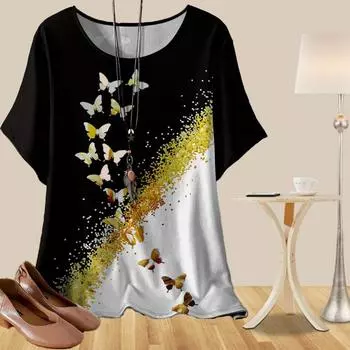 Женская мода повседневная свободная весенняя рубашка женские топы с коротким рукавом с принтом граффити и золотой бабочки XS розовый