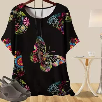 Женская мода повседневная свободная весенняя рубашка женские топы с коротким рукавом с цветным ажурным узором в виде бабочек XS синий