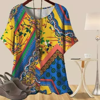 Женская мода повседневная свободная весенняя рубашка женские топы с коротким рукавом с принтом цветных ковров и хризантем XS синий