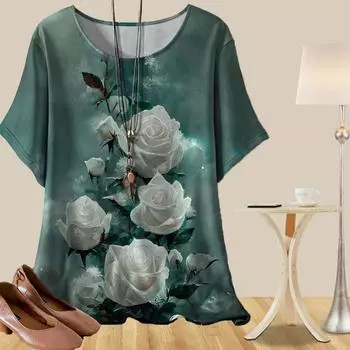 Женская мода повседневная свободная весенняя рубашка женские топы с коротким рукавом белые желтые розы с растительным принтом XS синий