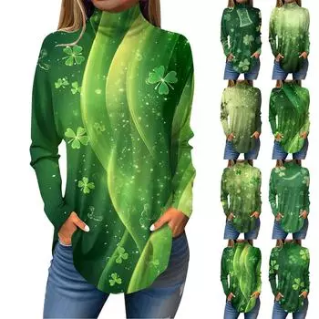 Женская мода Повседневная свободная водолазка St. Футболки с принтом ко Дню Святого Патрика XL